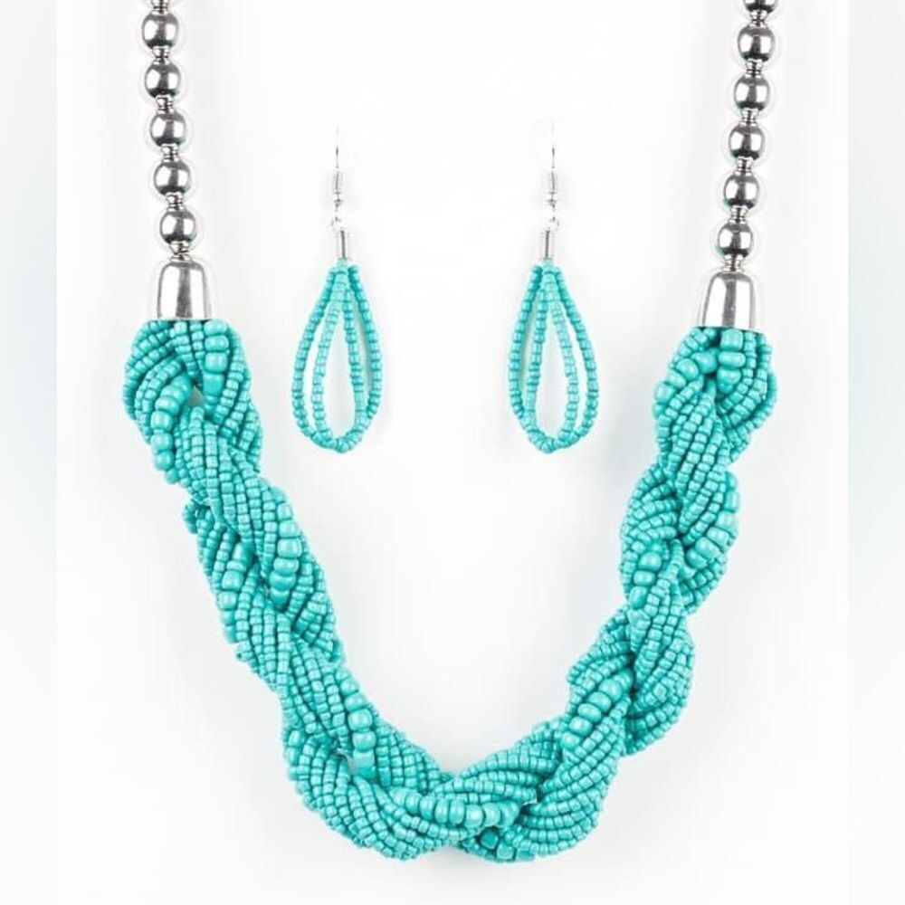 Turquoise seed bead twisted necklace and earrings